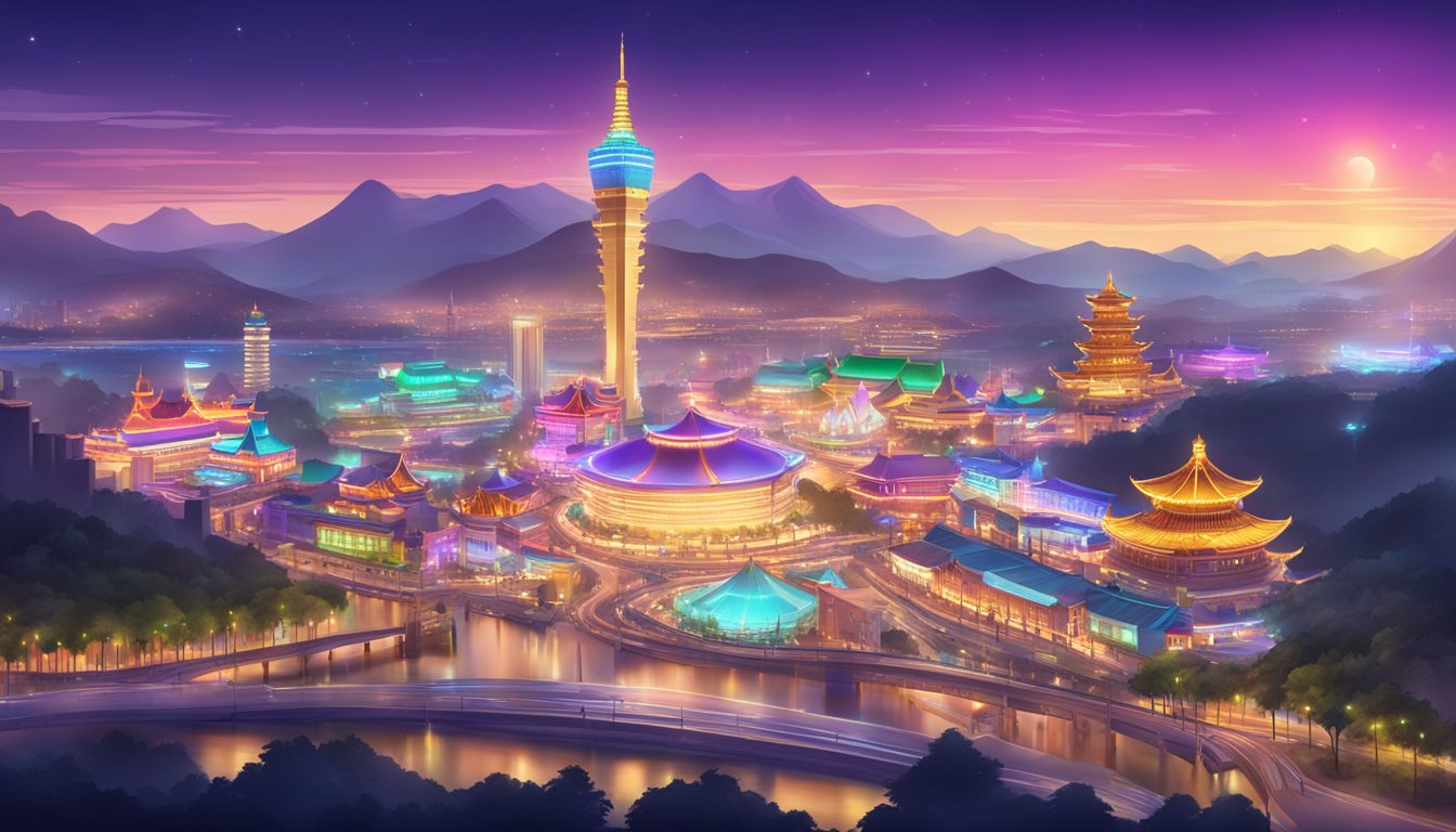 A vibrant Taiwan online entertainment city with colorful lights and casino games