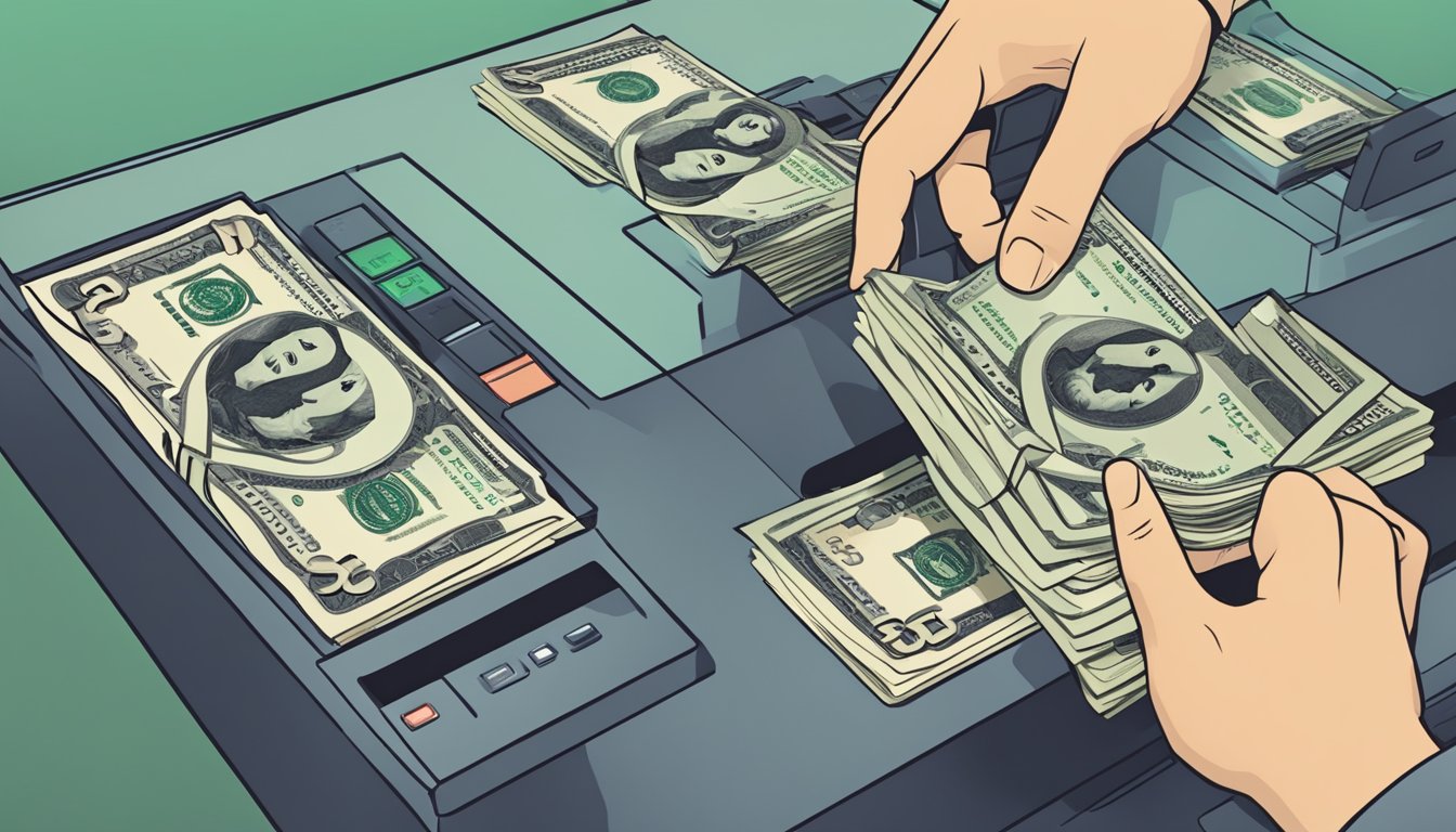 A hand holding a stack of money is shown depositing it into a digital interface, while another hand is shown withdrawing money from the same interface