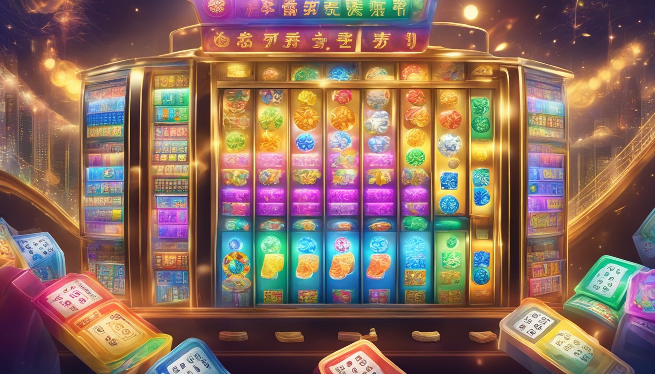 A colorful lottery ticket with the Taiwan Lottery logo on it, surrounded by slot machines and other casino games in an online entertainment center in Taiwan