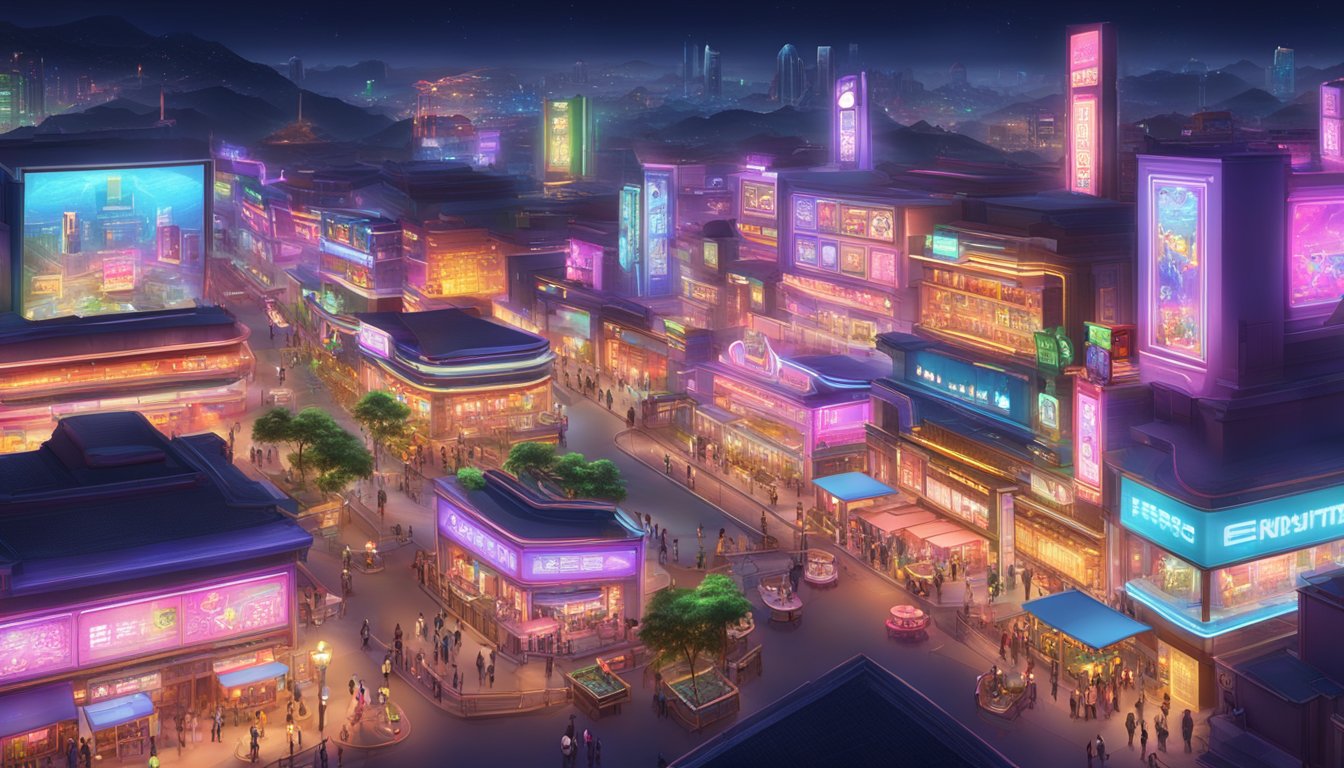 A bustling Taiwan online entertainment city with glowing neon lights, vibrant gaming tables, and excited patrons enjoying various games and activities