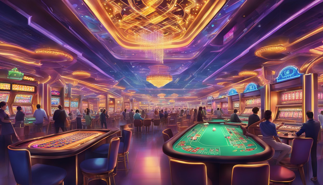 A bustling Macau casino floor with colorful slot machines, card tables, and neon lights creating a lively and energetic atmosphere