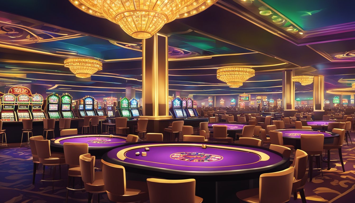 A bustling casino floor with various games like blackjack, poker, and roulette. Bright lights and colorful chips add to the lively atmosphere in Macau