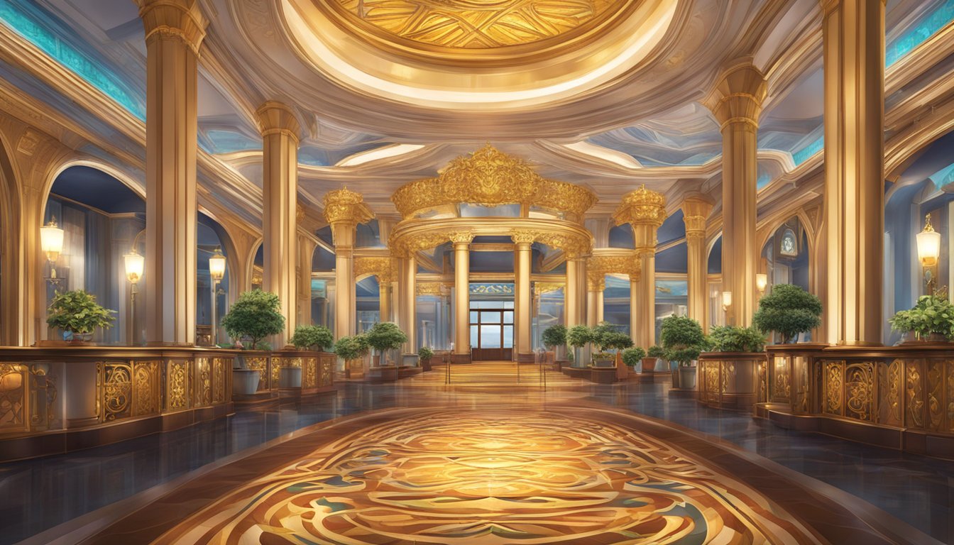 The architecture and design of a Macau casino, featuring grand entrances, intricate details, and vibrant lighting