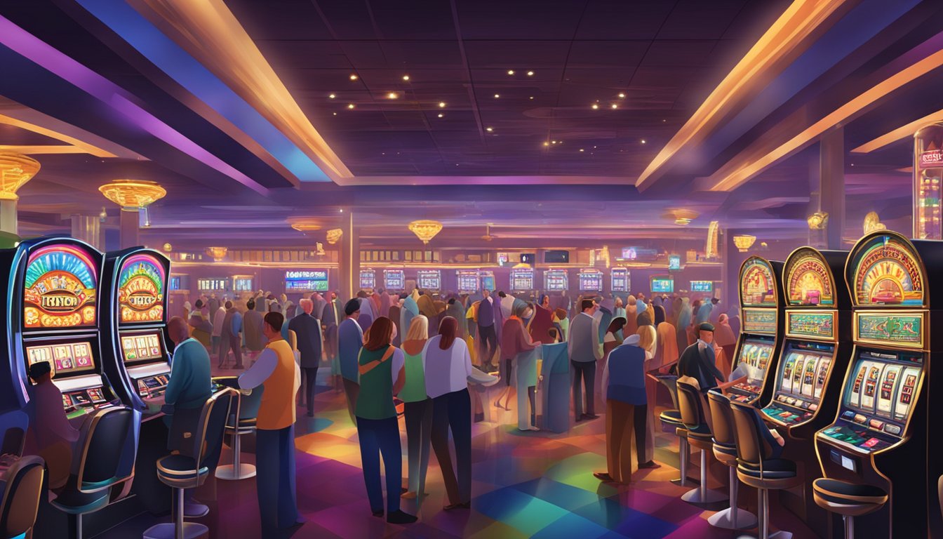 A bustling casino floor with colorful slot machines, gaming tables, and bright lights. Patrons are gathered around, placing bets and enjoying the lively atmosphere