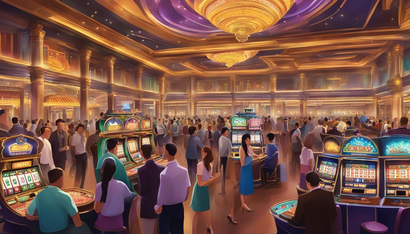 A bustling casino in Macau, with colorful slot machines, elegant card tables, and a lively crowd of patrons enjoying the vibrant atmosphere