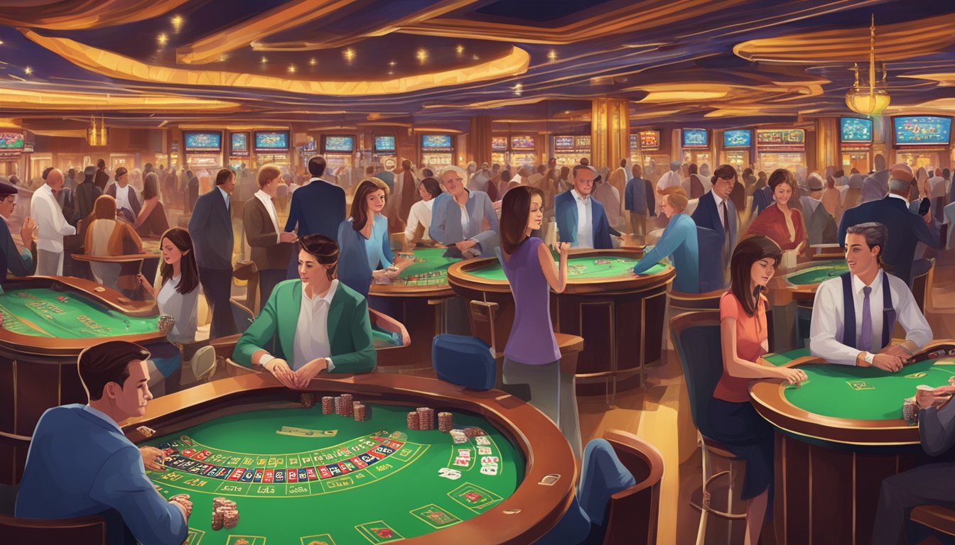 A bustling casino floor with colorful slot machines, elegant card tables, and a lively atmosphere. Patrons sip on drinks as they try their luck at the various games