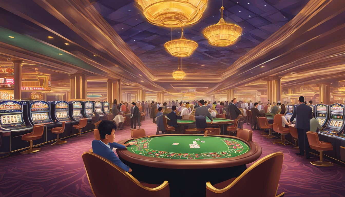 A bustling Macau casino floor, with gaming tables and slot machines, overseen by regulatory officials