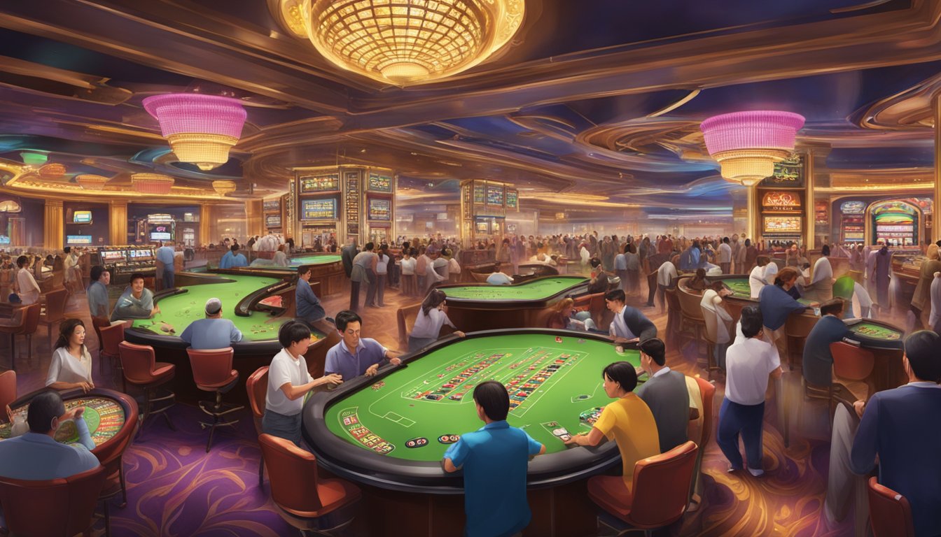 A bustling Macau casino floor, filled with colorful slot machines, roulette tables, and excited patrons enjoying the thrill of gambling and entertainment