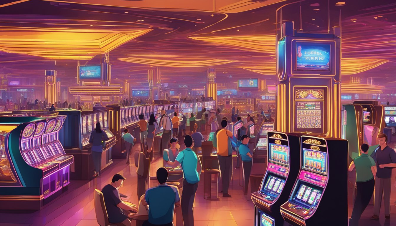 A bustling casino floor in Macau, with rows of slot machines, gaming tables, and neon lights. Customers and staff interact in a lively atmosphere