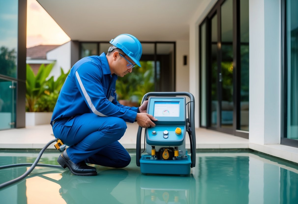 A technician uses specialized equipment to detect water leaks in a modern Malaysian property