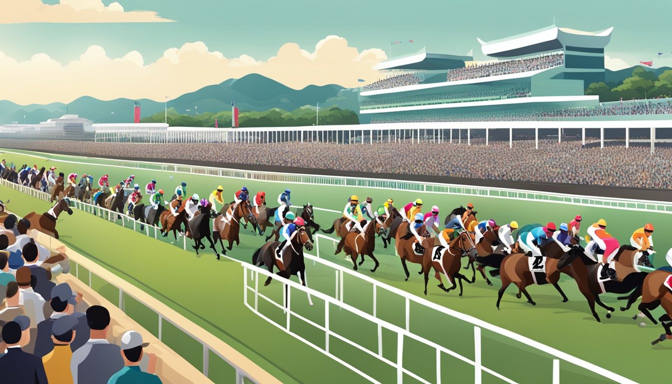 A crowded Hong Kong horse racing track with cheering spectators and jockeys racing around the track on their horses