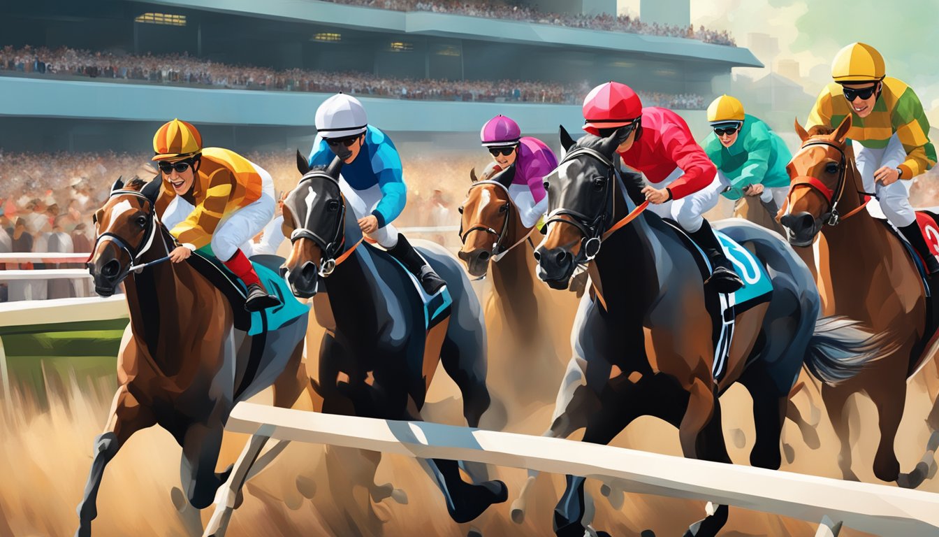 The Hong Kong Jockey Club presents a lively horse racing scene with cheering spectators and powerful racehorses thundering down the track