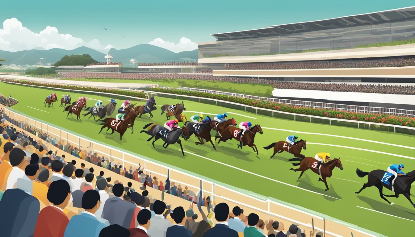 A horse race in Hong Kong, with jockeys riding sleek and powerful thoroughbreds around a lush and vibrant racetrack, surrounded by enthusiastic spectators