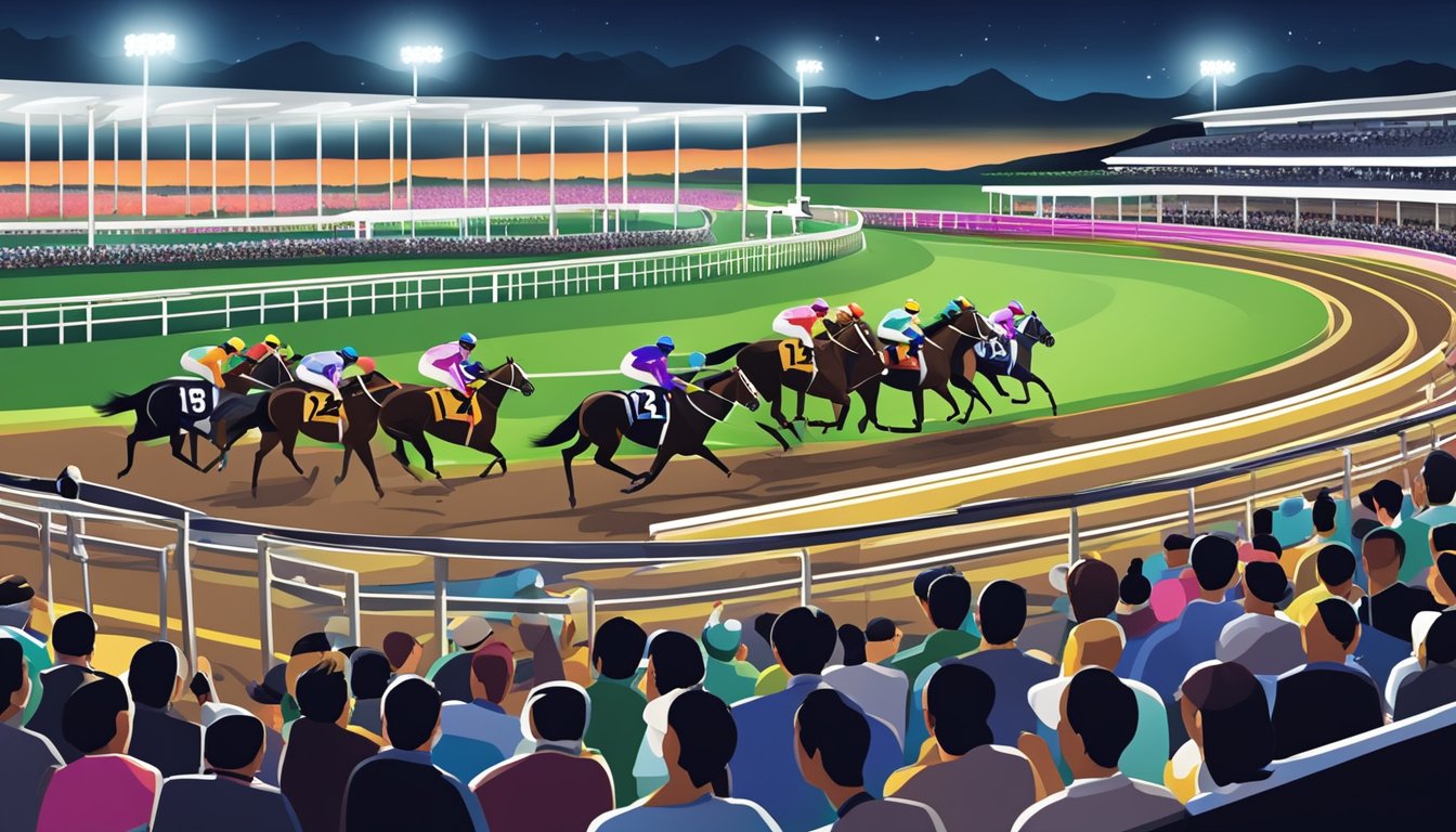 A bustling Hong Kong horse racing track with grandstands, a turf course, and colorful jockeys racing under the bright lights