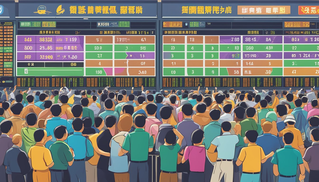 A bustling Hong Kong horse racing betting system with colorful screens and excited patrons cheering for their chosen horses