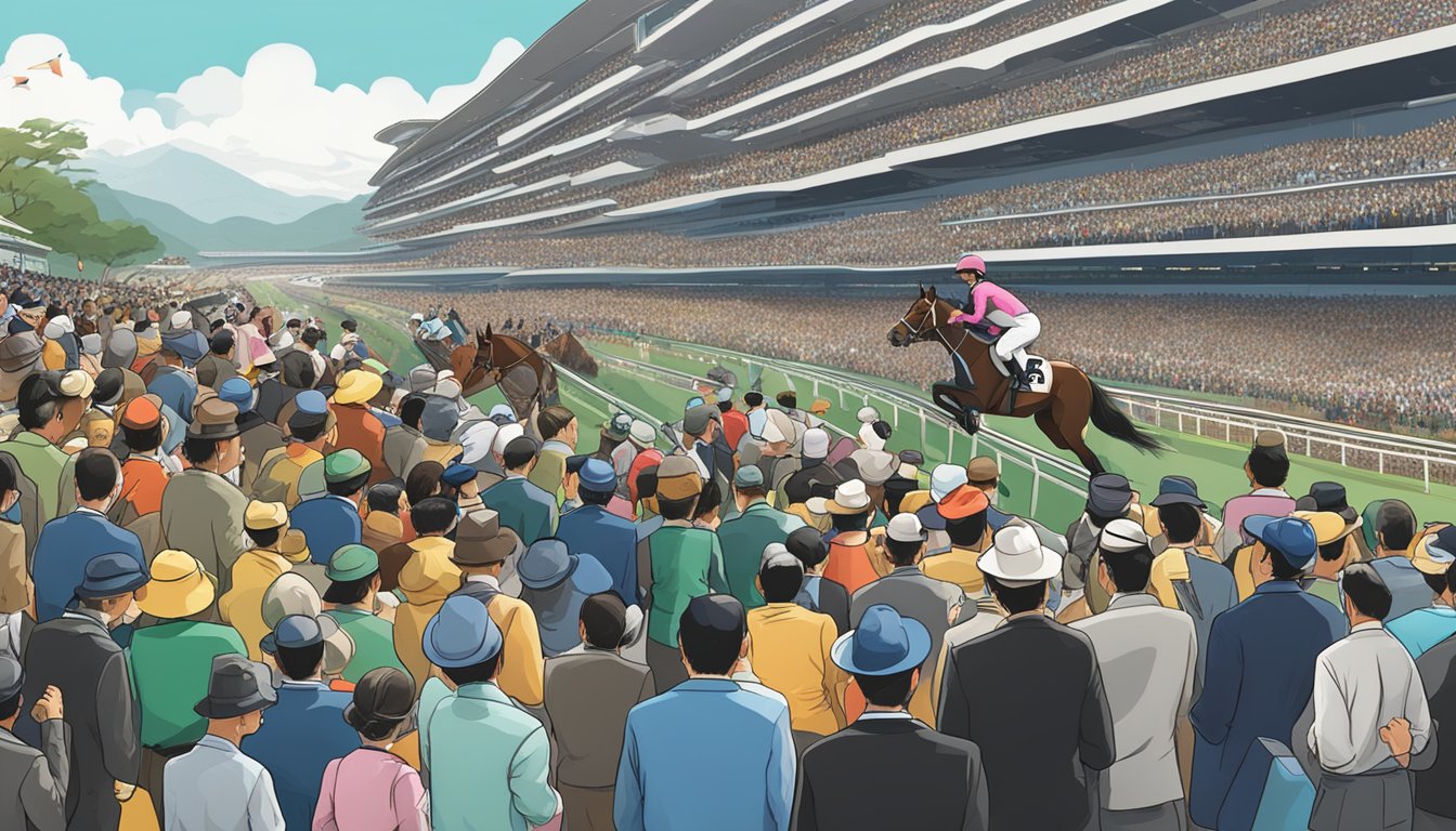 A crowded Hong Kong horse racing event with judges and spectators