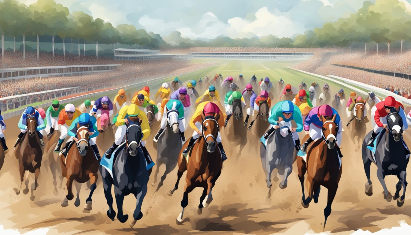 A crowded race track with horses thundering down the track, jockeys in colorful silks urging their mounts forward, and excited spectators cheering from the stands