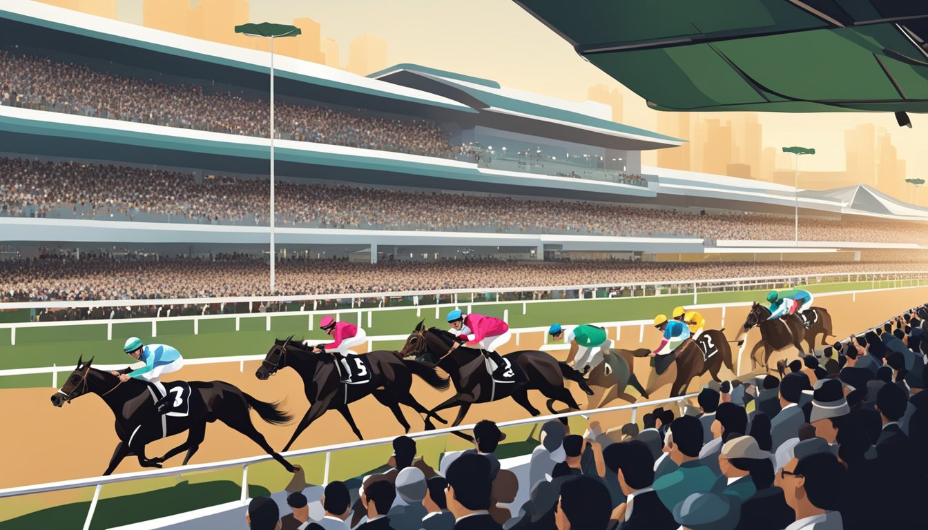 A vibrant horse racing scene at the Hong Kong Jockey Club, with sleek racehorses thundering down the track and a cheering crowd in the stands