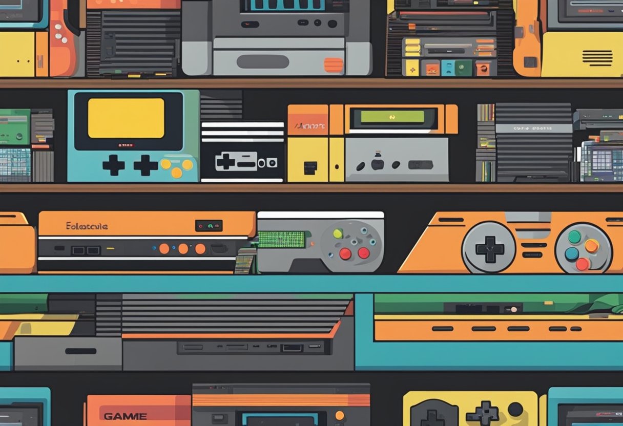 A shelf displaying 10 retro game consoles, ranging from the Atari 2600 to the Nintendo Entertainment System, each with their iconic design and color scheme