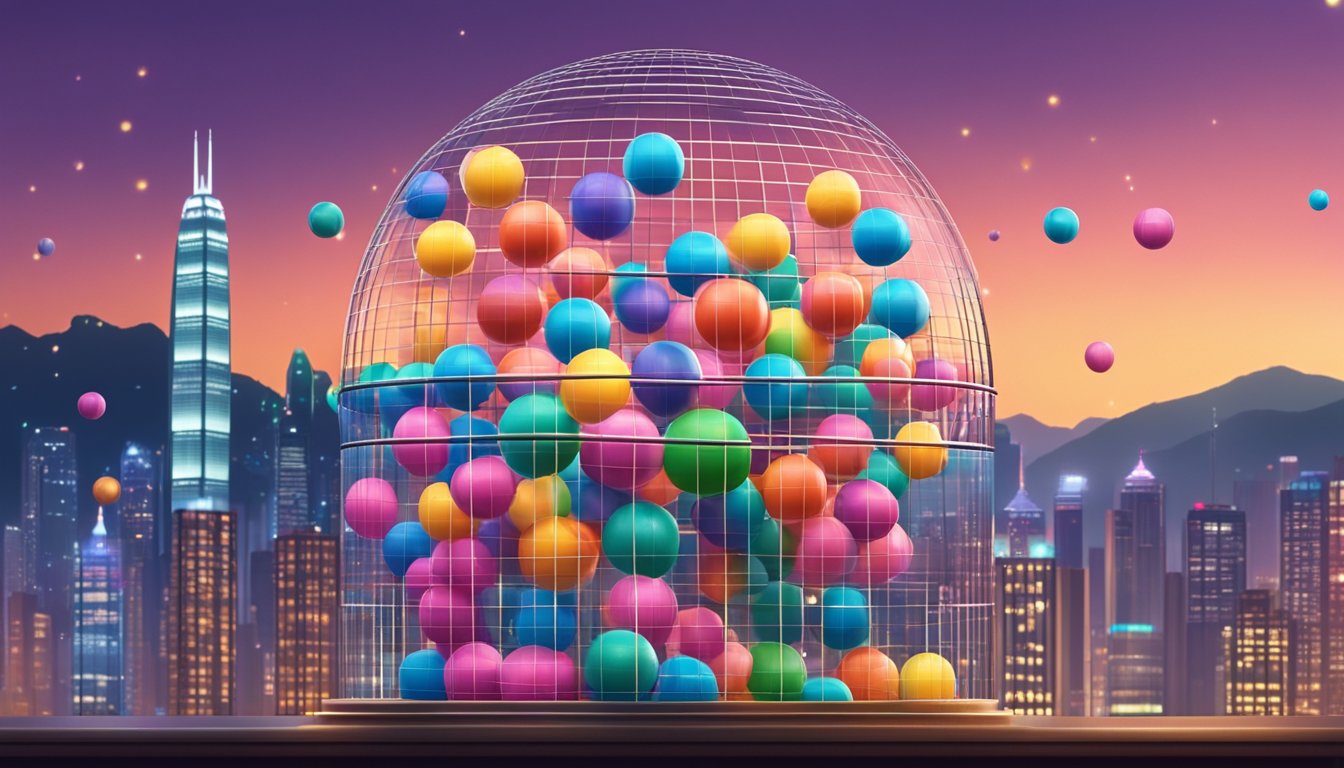 A colorful array of lottery balls spinning in a transparent cage, with numbers ranging from 1 to 49, set against a backdrop of the Hong Kong skyline at dusk