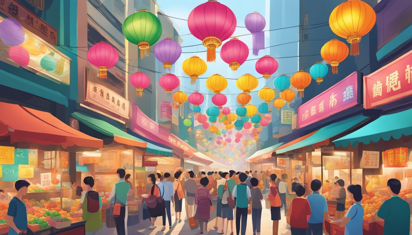 A vibrant, bustling street market in Hong Kong, with colorful banners and lanterns adorning the buildings. People are gathered around a lottery booth, eagerly purchasing tickets for the Hong Kong Mark Six lottery