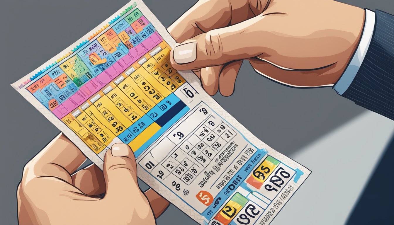 A colorful lottery ticket being held up by a hand, with various numbers and symbols visible on the ticket