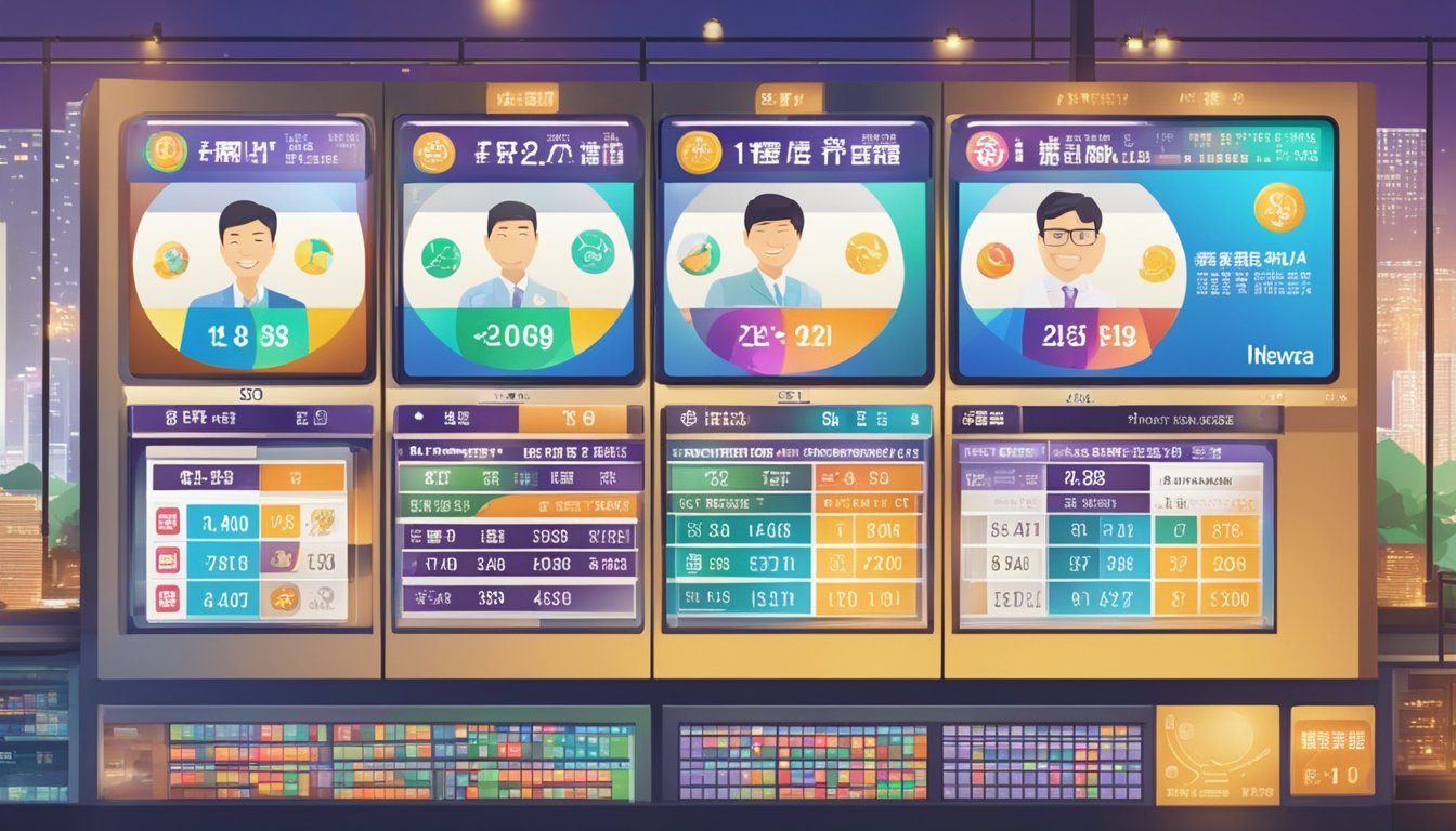 A live broadcast of the Hong Kong Mark Six lottery results, with information services displayed on electronic screens