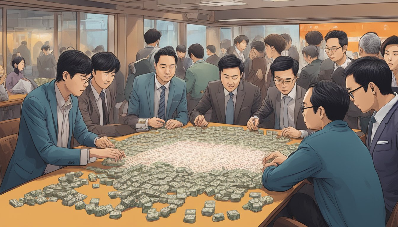 A group of people gather around a table, placing bets on Hong Kong's Mark Six lottery. The atmosphere is tense as they eagerly await the results