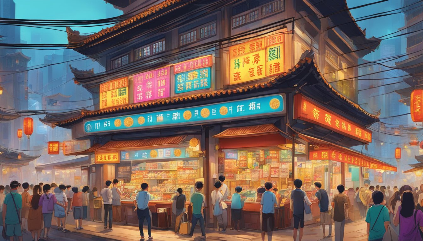 A bustling street corner with colorful lottery ticket vendors and excited customers in Hong Kong. Bright lights and traditional Chinese architecture in the background