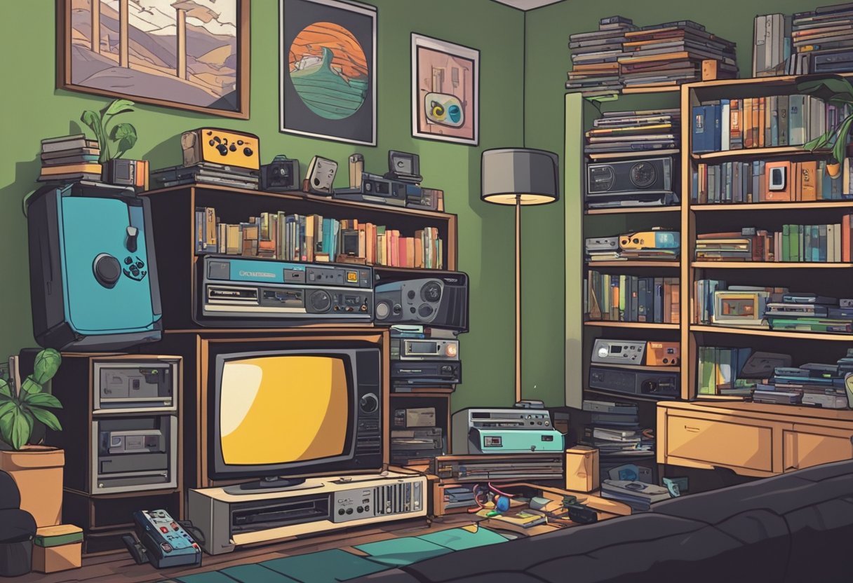 A cluttered room with a TV and video game console, surrounded by stacks of retro game cartridges and controllers. Posters of iconic '90s games adorn the walls, creating a nostalgic atmosphere