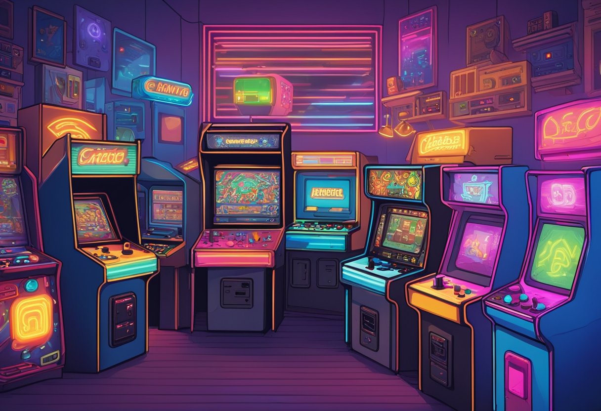 A room filled with colorful arcade cabinets and old-school gaming consoles. A neon sign flickers above, casting a nostalgic glow over the retro gaming setup