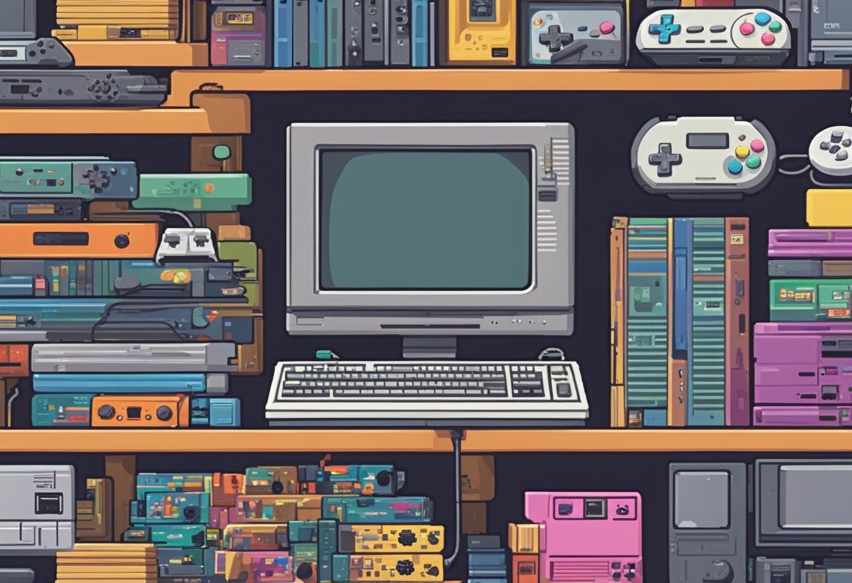 A cluttered shelf displays classic game consoles and cartridges. A TV with pixelated graphics plays iconic '90s games