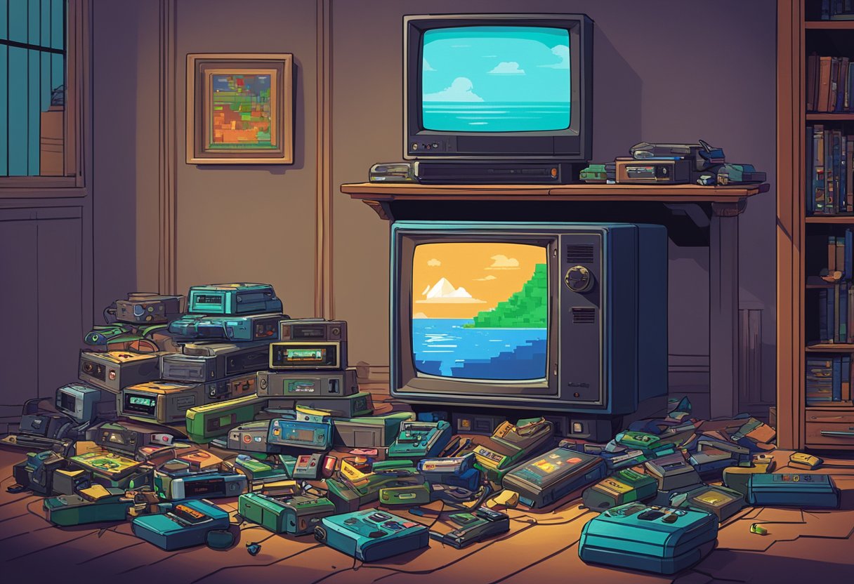 A collection of vintage video game cartridges scattered across a dimly lit room, with an old CRT television displaying pixelated graphics