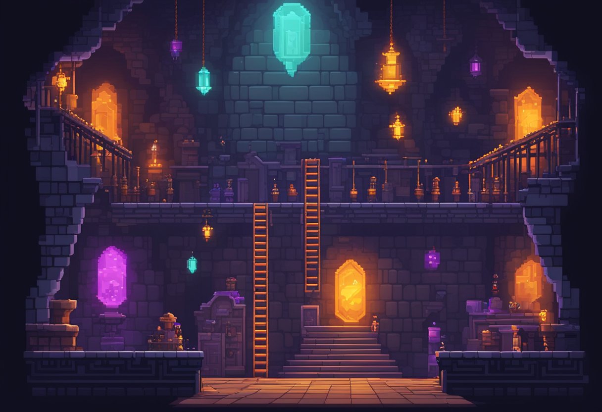 A dark, pixelated dungeon with traps and enemies. A challenging platformer with spikes, lava, and moving platforms. A haunted mansion with ghosts and puzzles