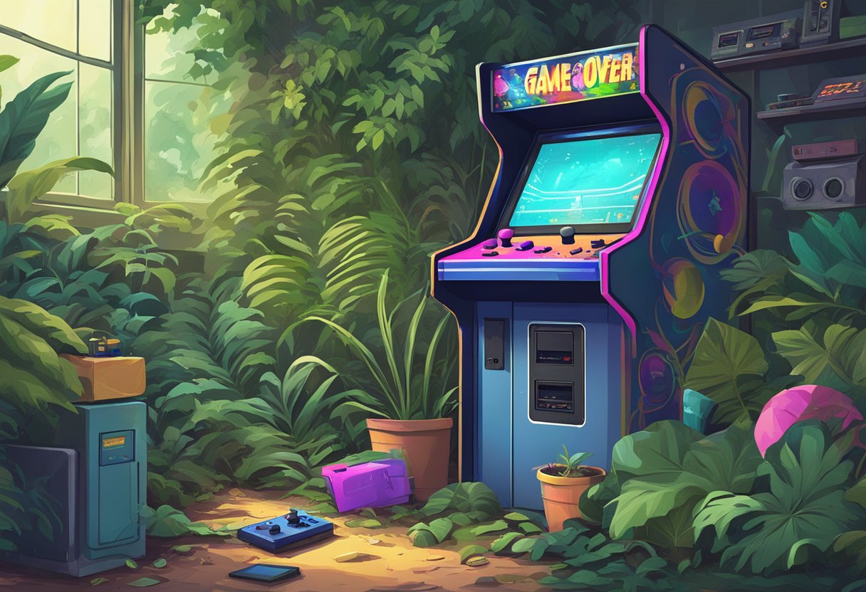 A colorful arcade cabinet surrounded by overgrown foliage, with a flickering "Game Over" screen. Dusty cartridges and controllers lay scattered around the scene