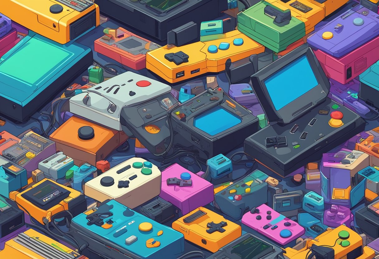 A colorful array of retro game consoles and cartridges scattered across a cluttered room, with a mix of iconic characters and game scenes displayed on the screen