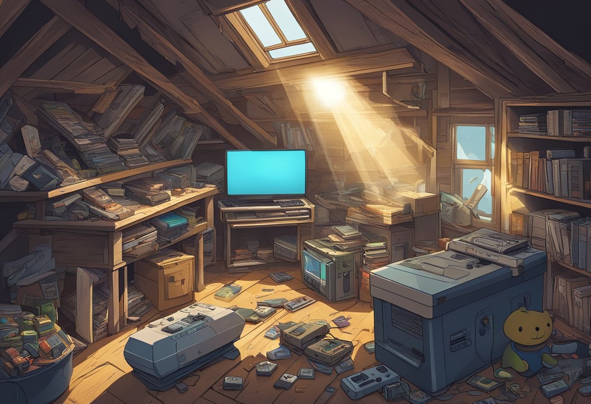 A cluttered attic with dusty old gaming consoles and cartridges strewn about. A beam of light shines on a forgotten game collection, hinting at the potential for a revival