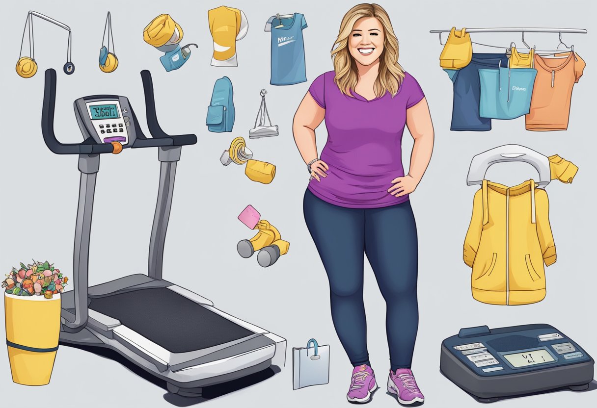 Kelly Clarkson's weight loss journey: a scale with decreasing numbers, a pile of too-big clothes, and a gym with equipment and motivational posters