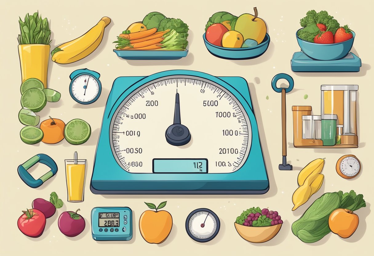 A scale surrounded by healthy food and exercise equipment, with motivational quotes and before-and-after photos