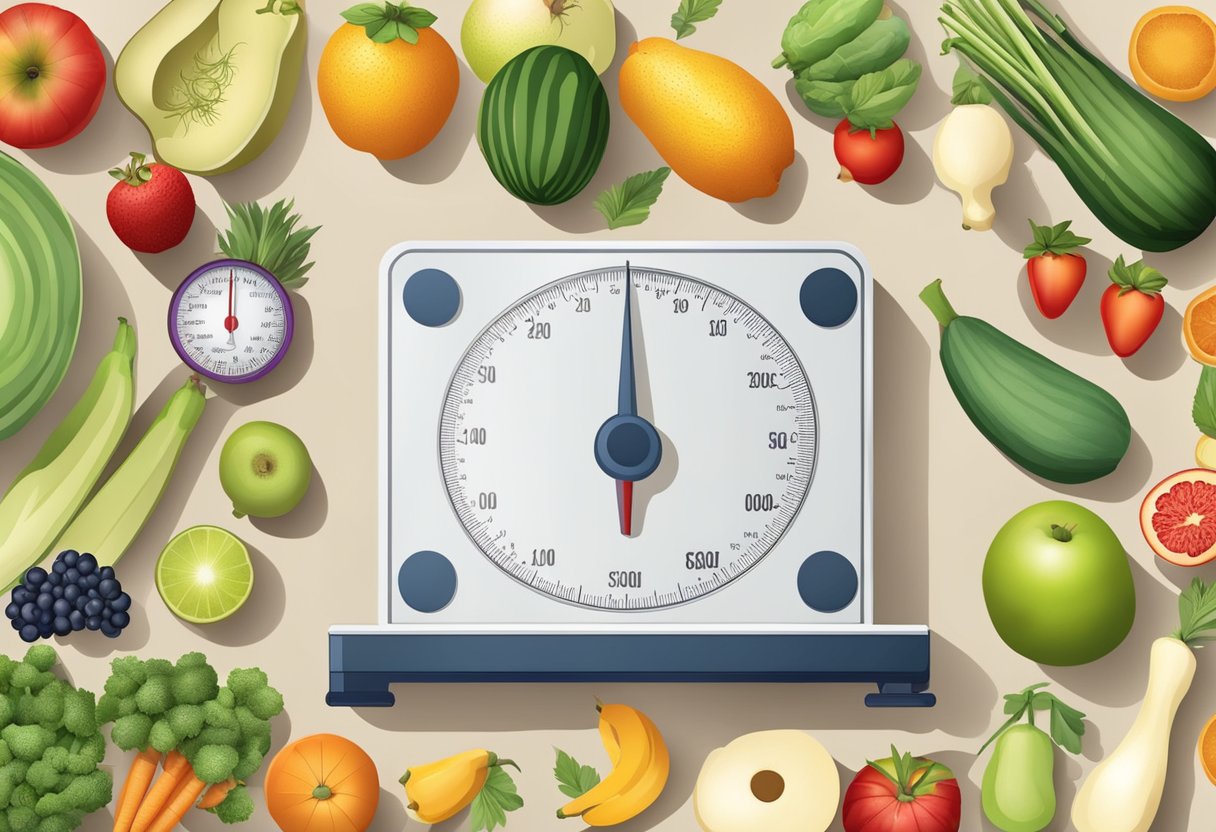 A scale surrounded by fresh fruits, vegetables, and exercise equipment