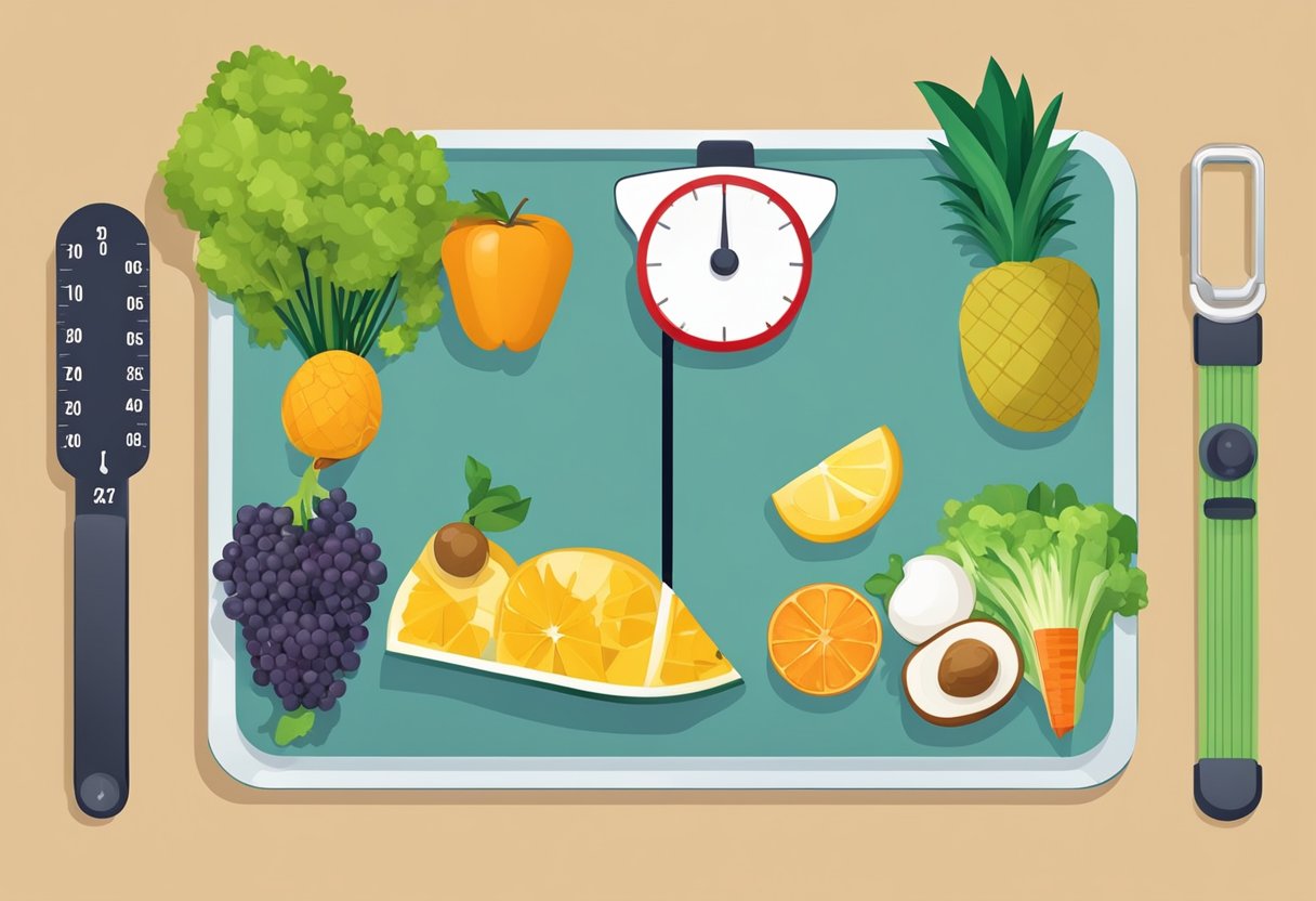 A scale showing a decreasing number, a measuring tape, and healthy food items like fruits and vegetables