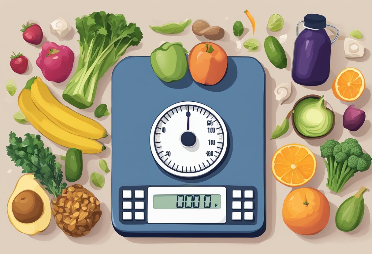 A scale displaying decreasing numbers, surrounded by healthy food and exercise equipment, symbolizing Kelly Clarkson's weight loss journey