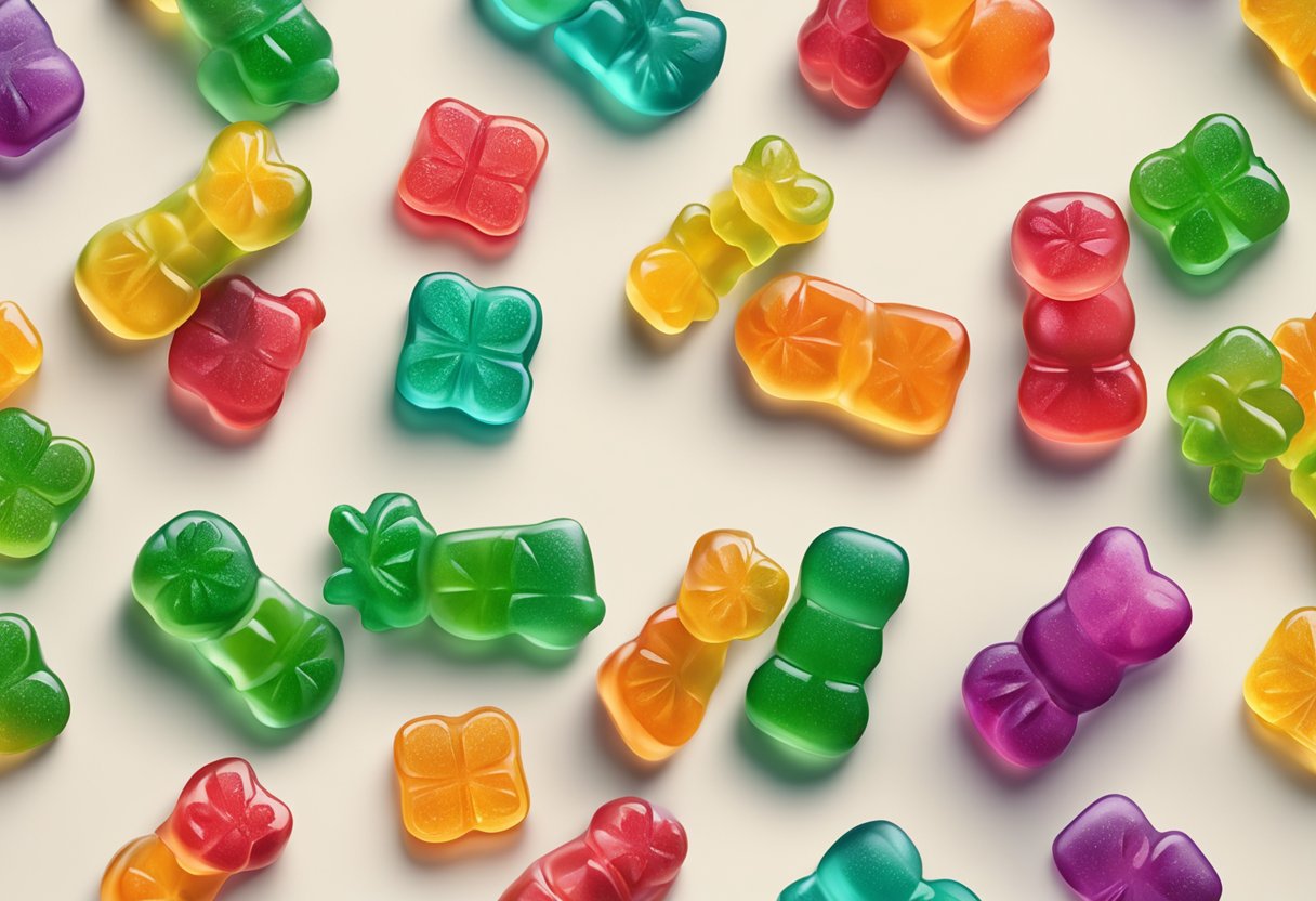 A group of colorful CBD gummies arranged neatly on a clean, modern surface