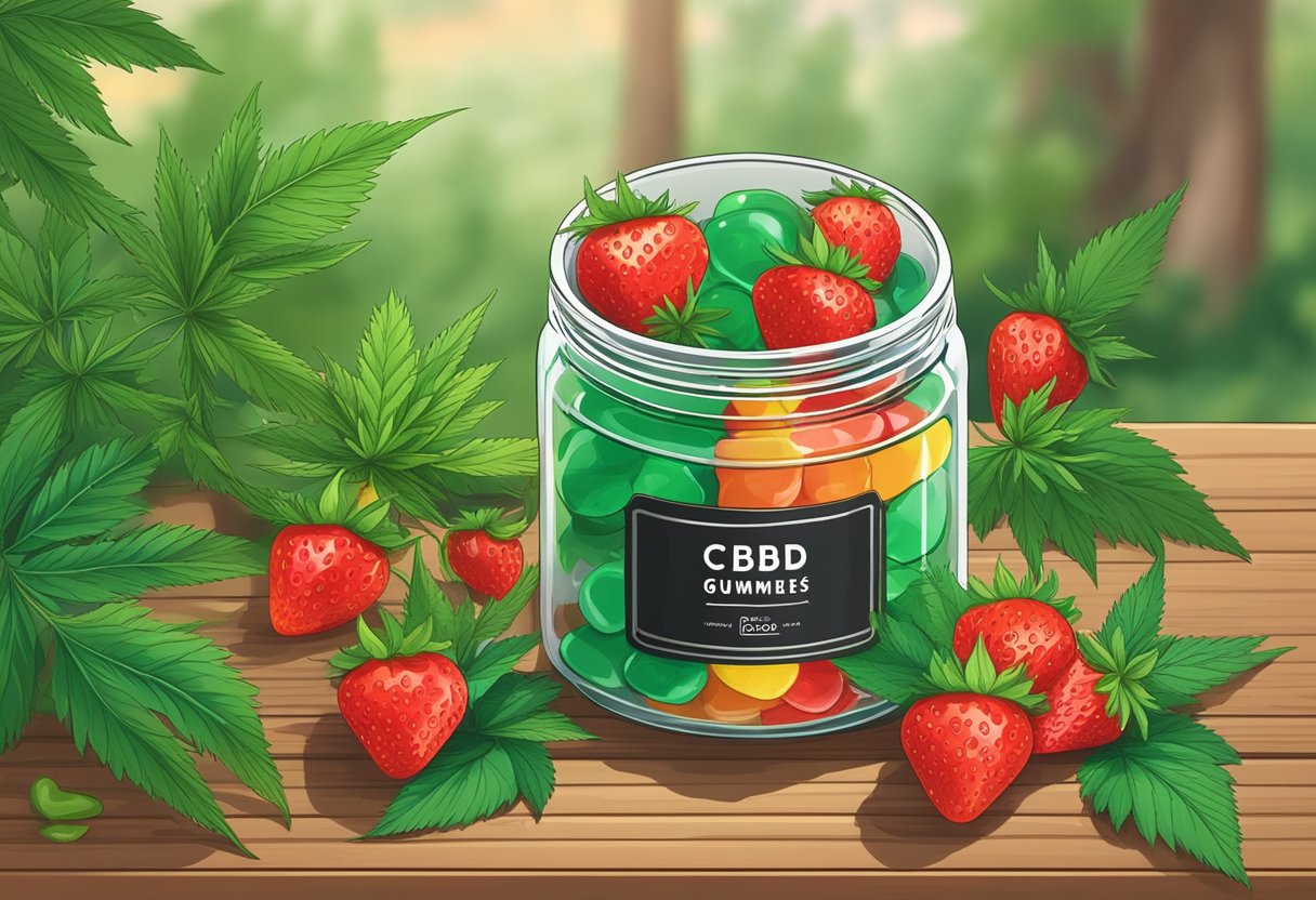 A jar of CBD gummies sits on a wooden table, surrounded by fresh green hemp leaves and a few ripe, plump strawberries