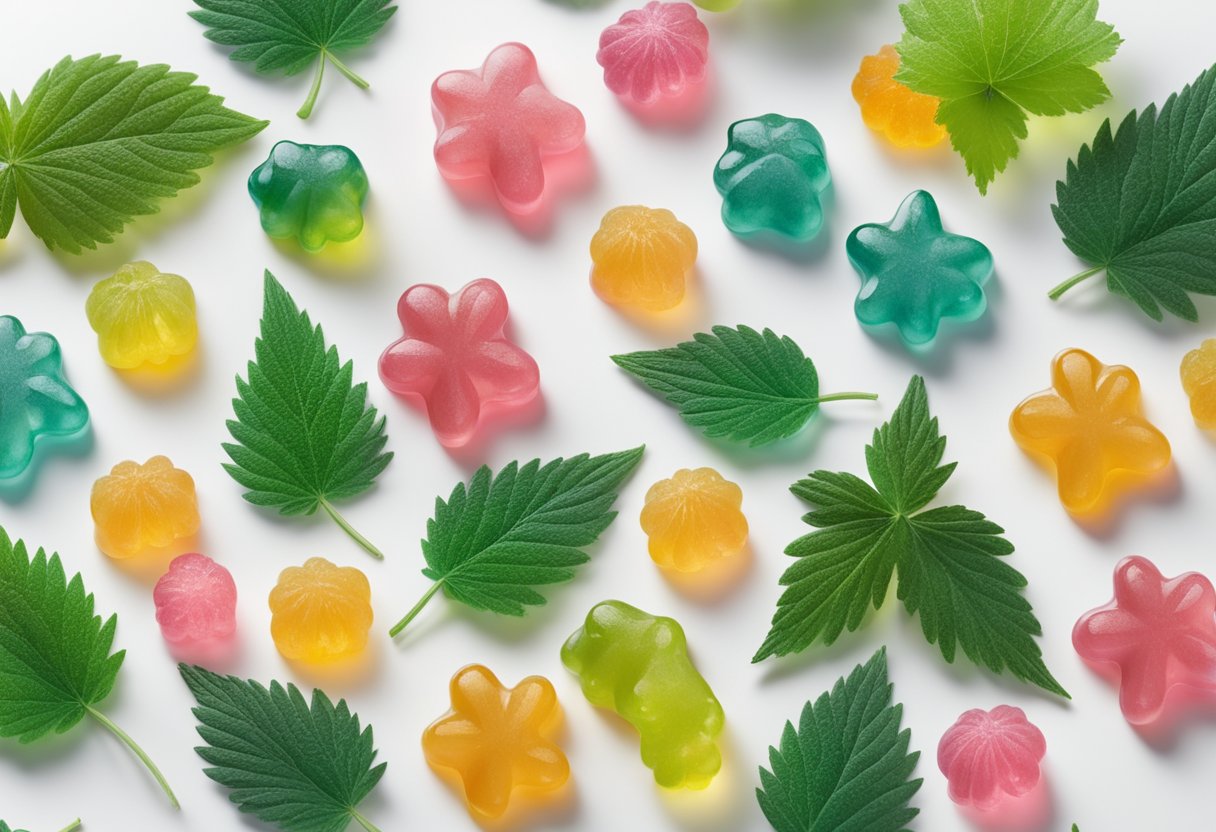 A group of CBD gummies arranged neatly on a clean, white surface, surrounded by natural elements such as hemp leaves and flowers