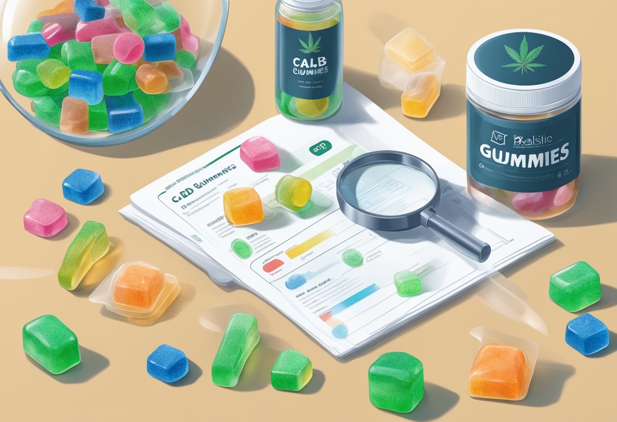 A table with various CBD gummies in clear, labeled packaging. A magnifying glass and lab report sit next to the gummies