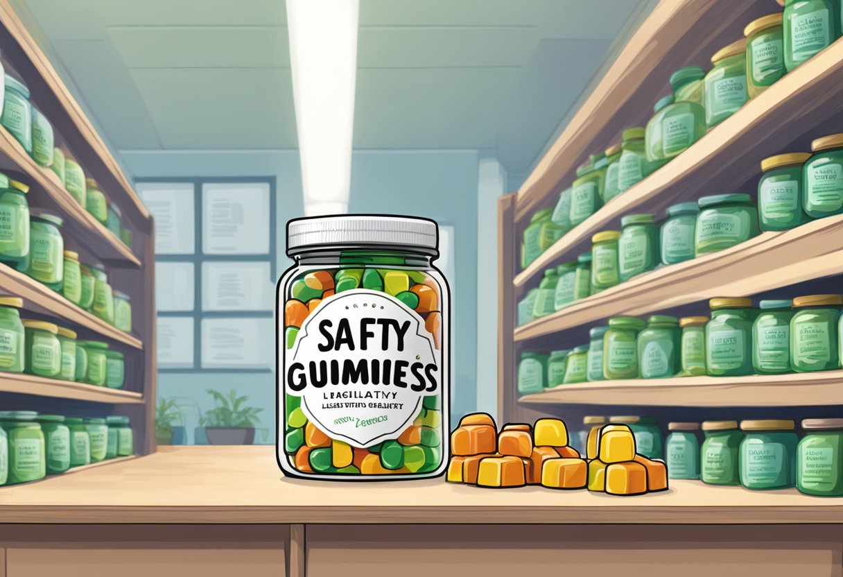 A jar of CBD gummies sits on a shelf, labeled "Safety and Legality." The gummies are in the shape of small men