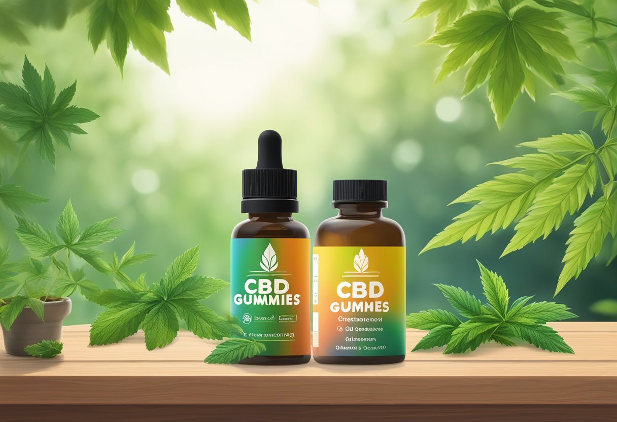 A bottle of CBD gummies sits on a wooden table, surrounded by greenery and natural light. A dosage chart is displayed next to the bottle