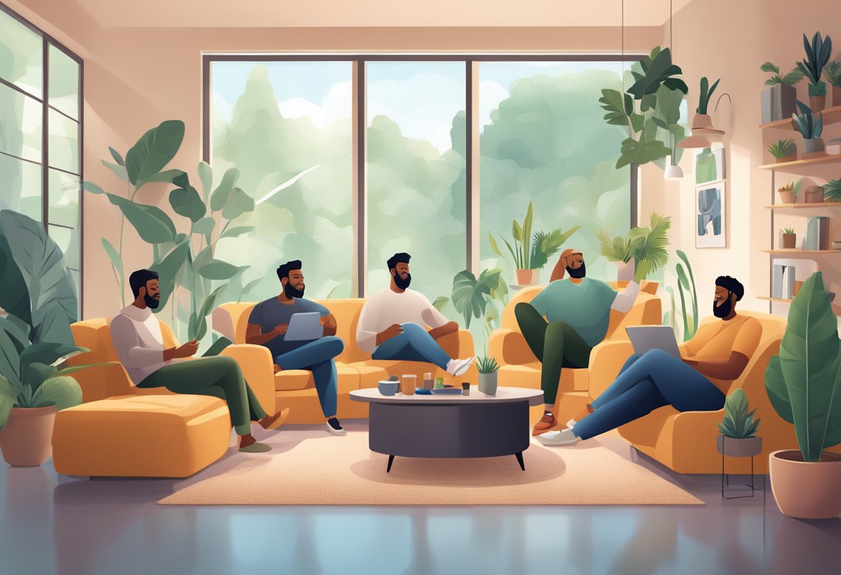 A group of men relax in a modern living room, enjoying CBD gummies. The room is filled with natural light and cozy furniture, creating a calm and inviting atmosphere