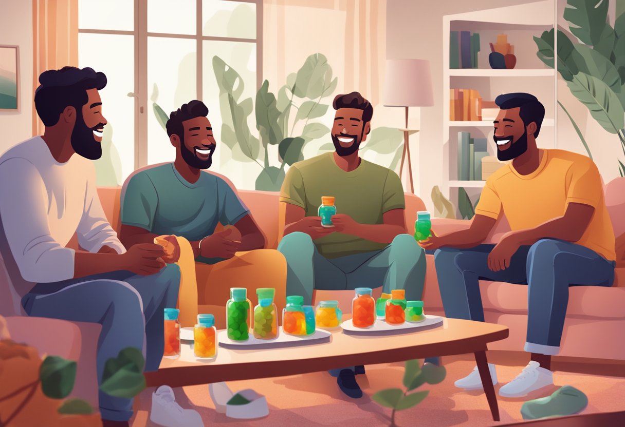 A group of men enjoying CBD gummies together, smiling and relaxed in a cozy living room setting